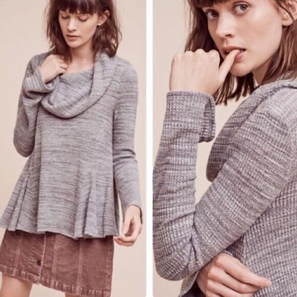 Anthropologie Postmark Maurisa Gray Waffle Knit Cowl Neck Sweater Top, Size M